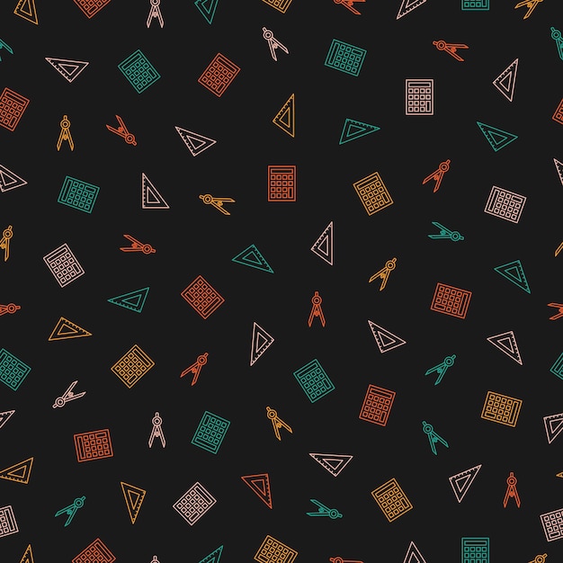 Seamless pattern with colorful school supplies and black background