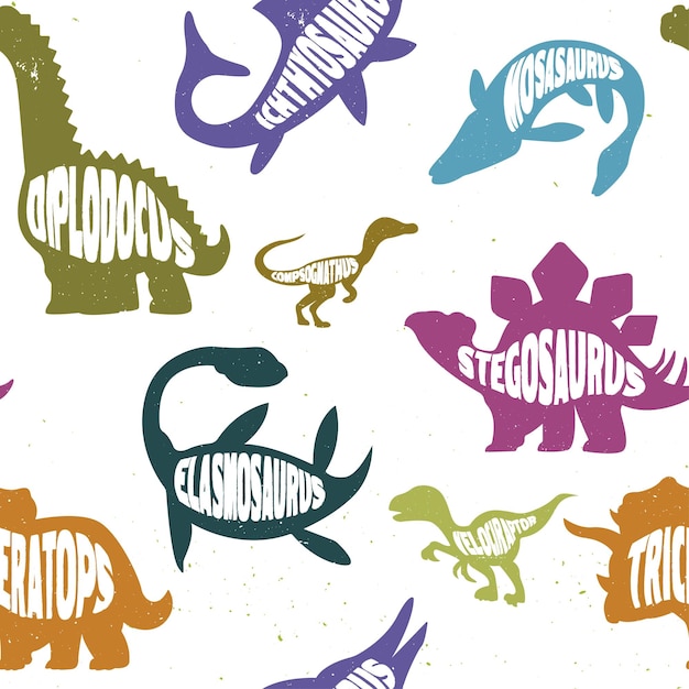 Seamless pattern with colorful silhouettes of dinosaurs with lettering. vector illustration.