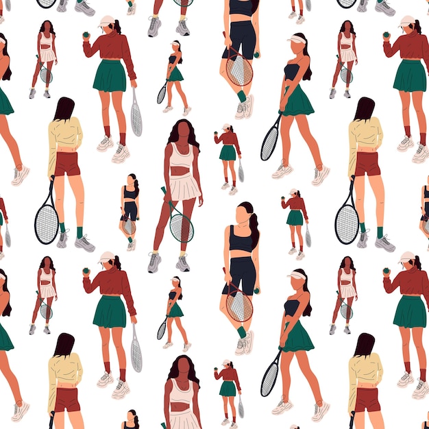 Seamless pattern with Colorful sportswomen big tennis player