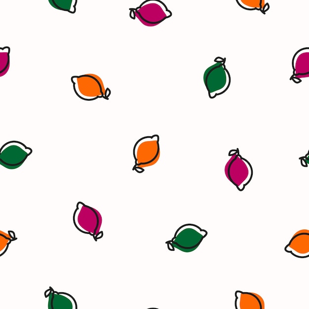 Seamless pattern with colorful tiny lemons with black outline