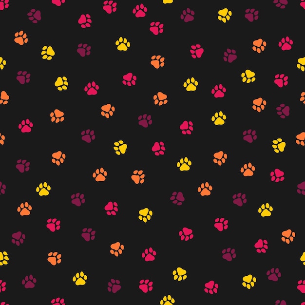 Seamless pattern with colorful tiny paws and black background