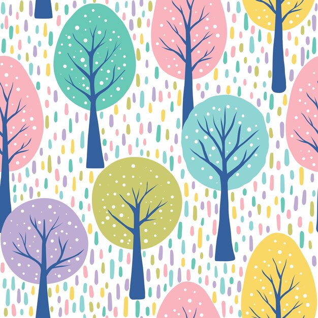 Seamless pattern with colorful trees on dashed background