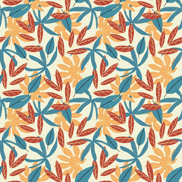Seamless pattern with colorful tropical leaves