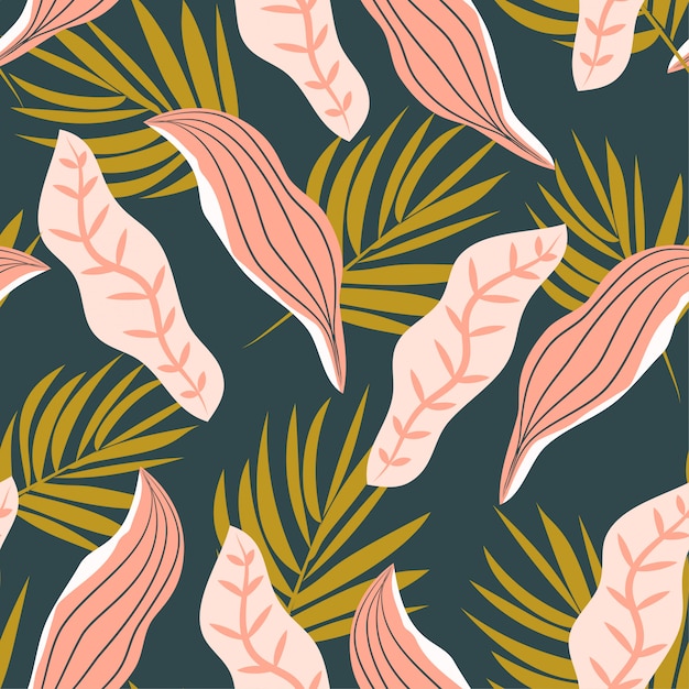 Seamless pattern with colorful tropical plants on dark