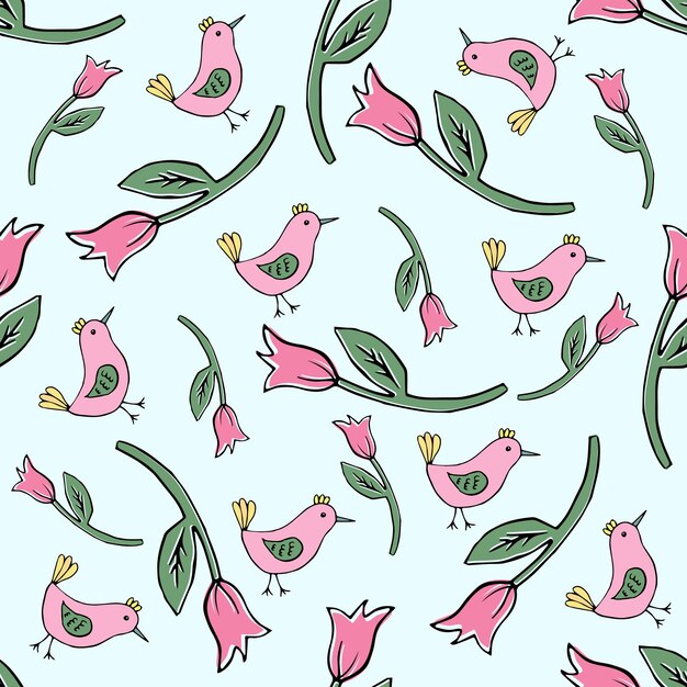 Seamless pattern with colorful tulips and birds on blue background