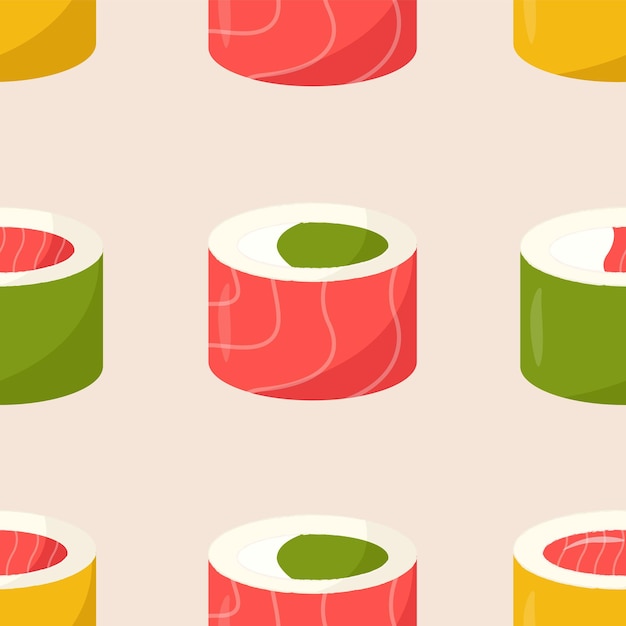 Vector seamless pattern with colourful sushi rolls. sushi with salmon, tuna, avocado. asian food in flat st