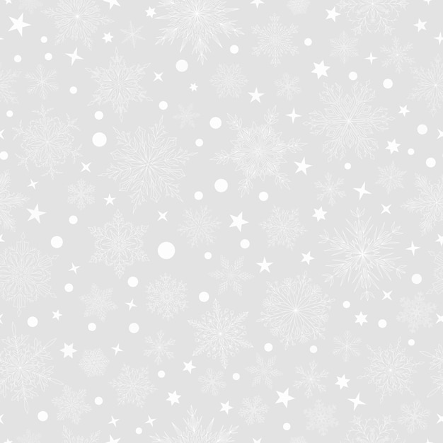 灰色の色で複雑な大小のクリスマス雪片とのシームレスなパターン雪が降る冬の背景