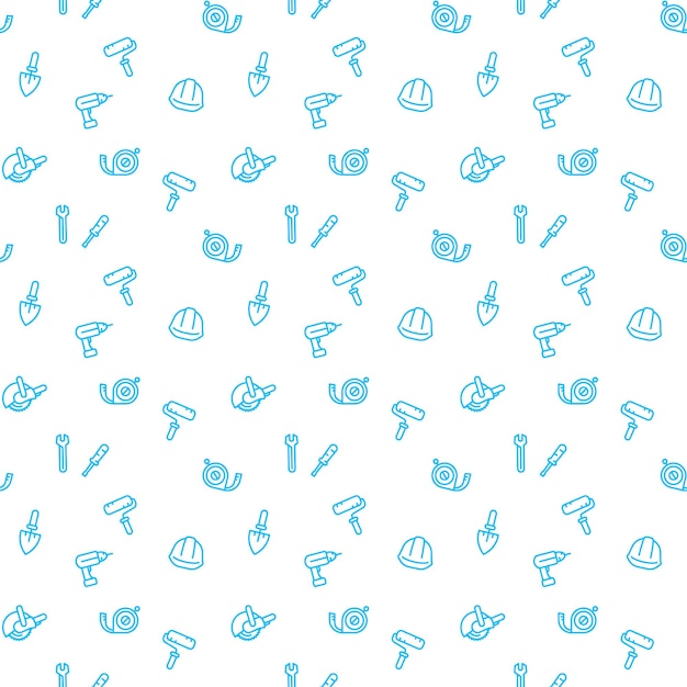 Seamless pattern with construction tools and equipment linear icons blue over white