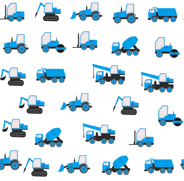 Seamless Pattern With Construction Tracks: Dipper, Bulldozer, Tractor, Excavator, Concrete Mixer. Flat Vector Illustration. eps