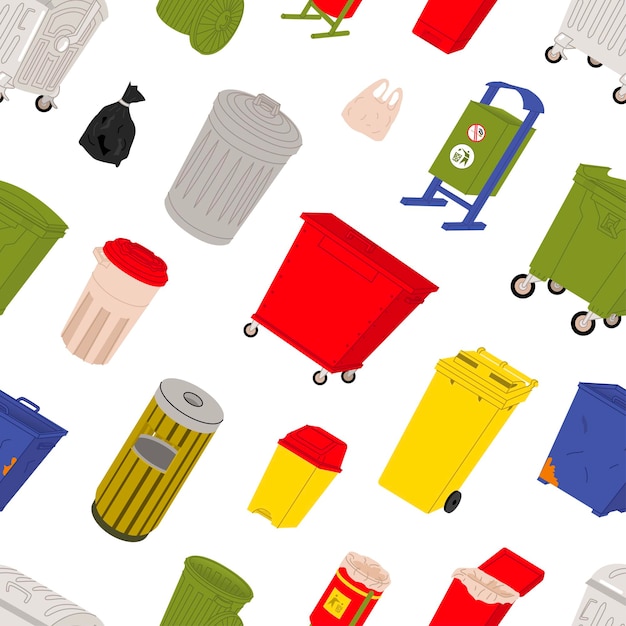 Vector seamless pattern with containers for waste disposal waste sorting garbage bins flat style in vector illustration design for waste collection companies city cleaning transparent background