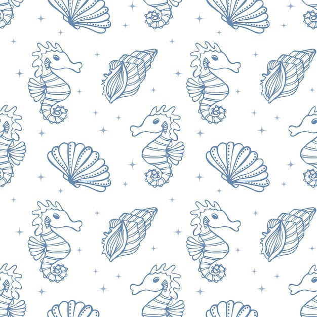 ベクトル 白い背景に輪郭の青い貝殻とタツノオトシゴとのシームレスなパターン 海洋の背景
