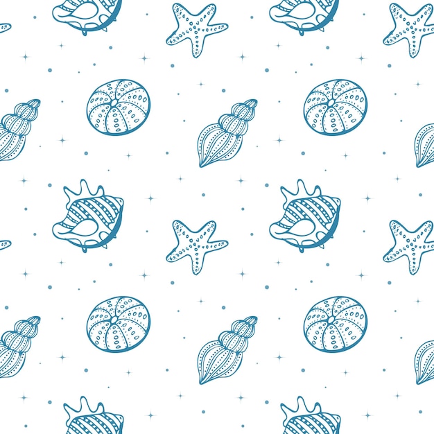 Seamless pattern with contour blue shells and seahorses on a white background Marine background