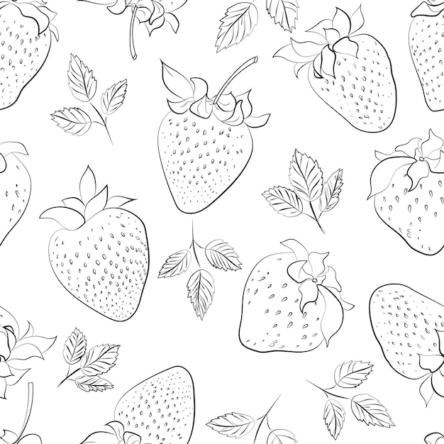 Seamless pattern with contour strawberries and leaves.