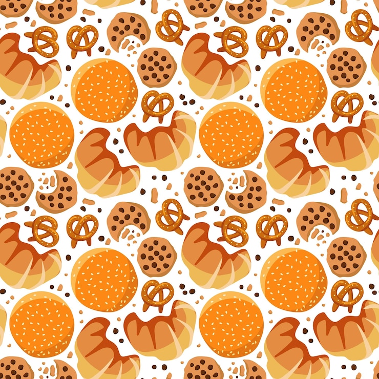 Vector seamless pattern with cookies croissant sesame bun pretzes illustration in flat vector design