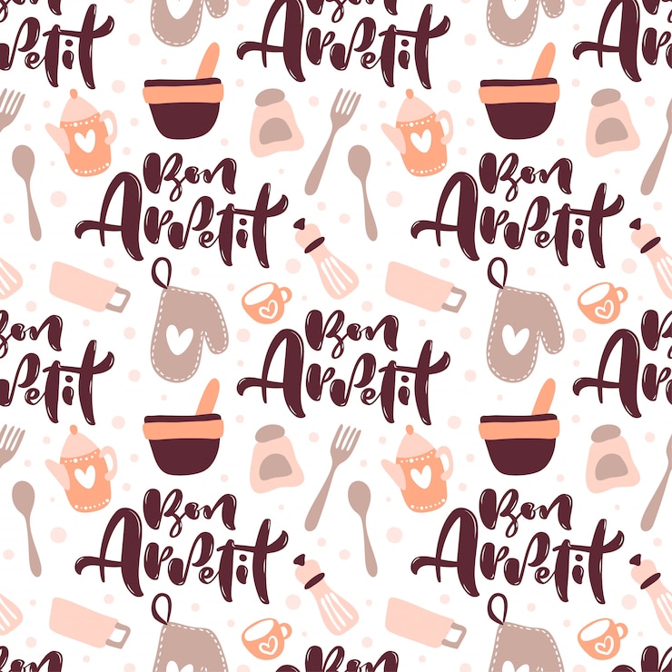 Vector seamless pattern with cooking tools and calligraphy text bon appetit
