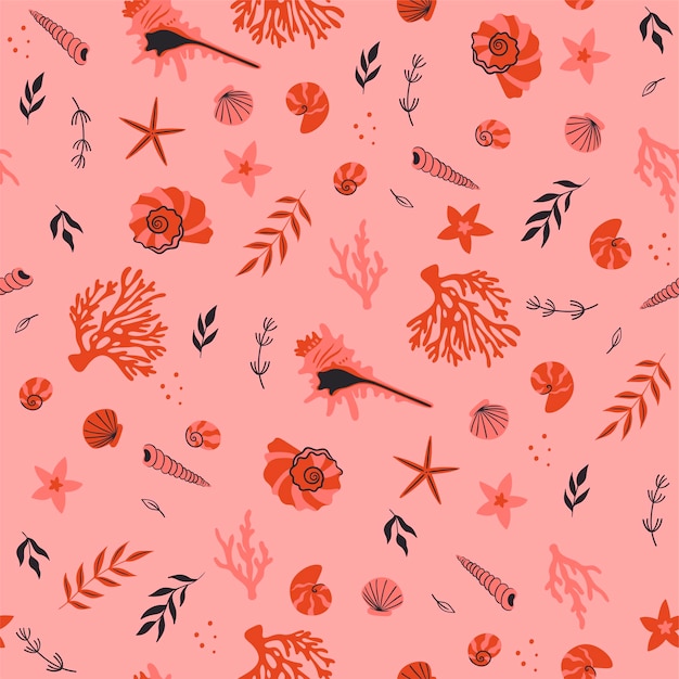 Seamless pattern with corals seashells algae Vector graphics