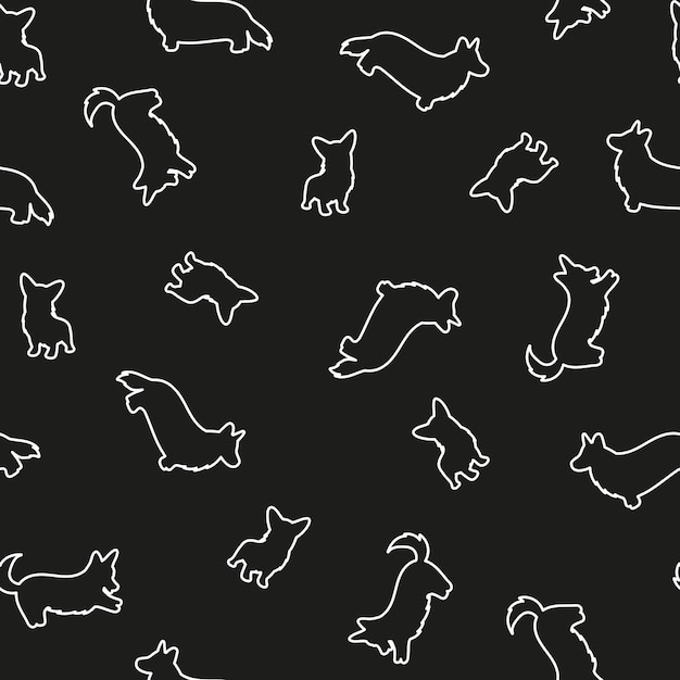 Seamless pattern with corgi white outline silhouette on a black background