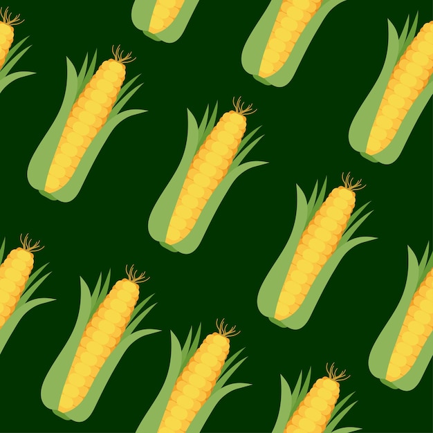 Seamless pattern with corn cobs with yellow corn grains and green leaves