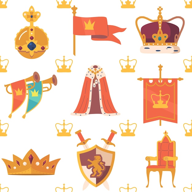 ベクトル 戴冠式の属性を持つシームレスなパターンは、王冠の複雑なモチーフを持つリーガルなゴールドとホワイトの配色を特徴としています