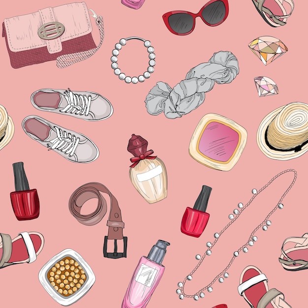 Seamless pattern with cosmetics and accessories