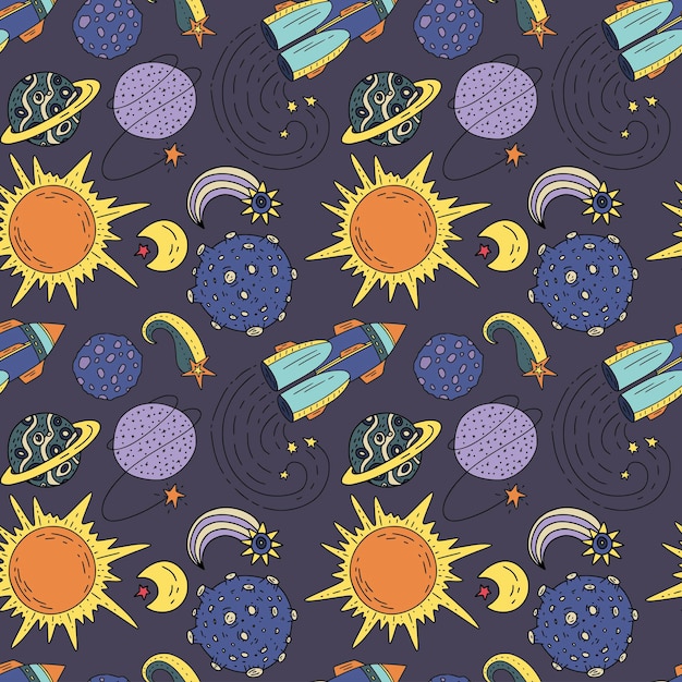 Modello senza cuciture con illustrazioni di doodle del cosmo