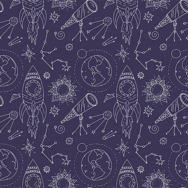 Seamless pattern with cosmos doodle illustrations