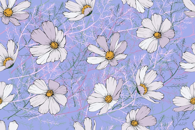コスモスの花とのシームレスなパターン青い背景の上の白い花