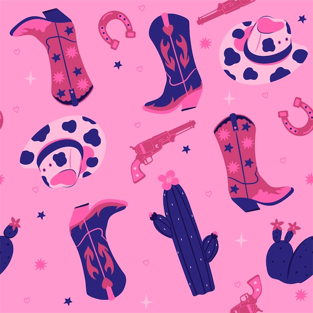 Seamless pattern with cowboy boots hats cacti pistols Vector graphics