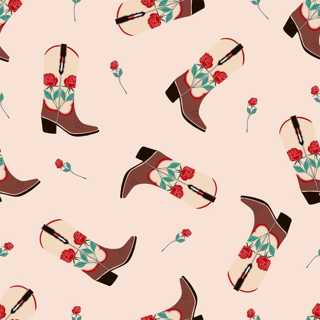 Vector seamless pattern with cowboy boots and rose cowboy western and wild west theme