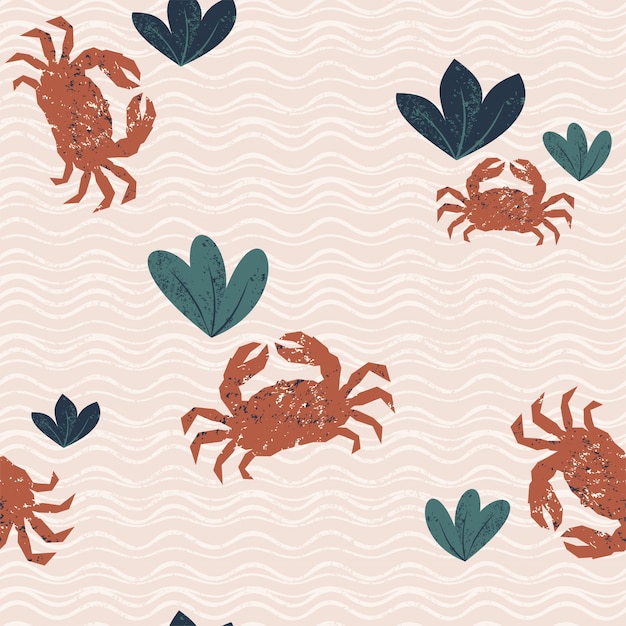 Seamless pattern with crabs and plants on the sand