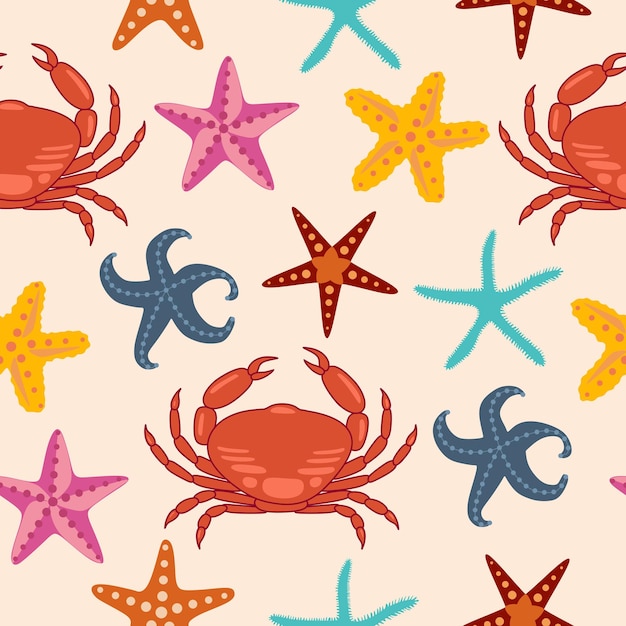 Seamless pattern with crabs and seastars Nautical children's pattern Vector art