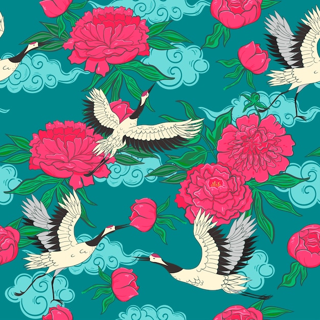 Vector seamless pattern with cranes and peonies.