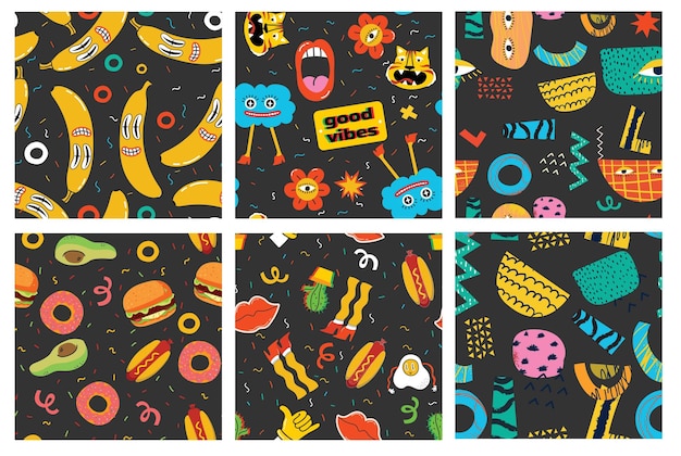 Seamless pattern with crazy comic faces creepy characters and colorful geometric shapes with outline Mosaic texture in complementary bright and black colors