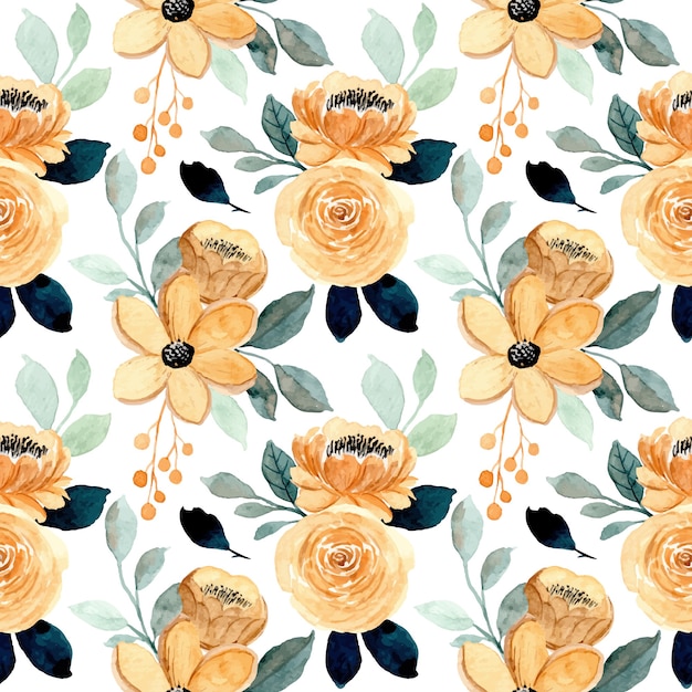 Seamless pattern with cream floral and green leaves watercolor