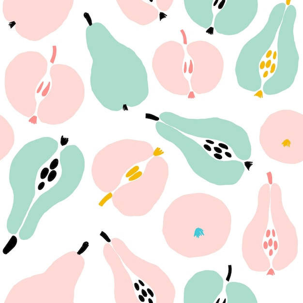 Seamless pattern with creative modern fruits. hand drawn trendy background. abstract pattern with pear, apple. hand draw texture. vector template for cards, banners, print fabric, t-shirt.