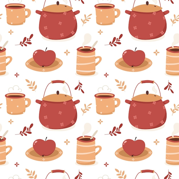 Seamless pattern with crockery in boho style vector illustration