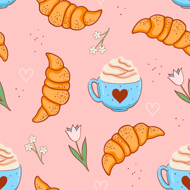 Seamless pattern with croissants coffee and flowers