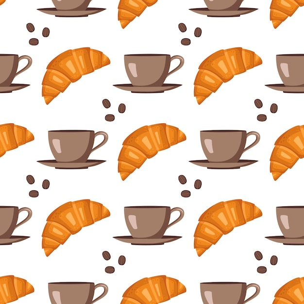 Modello senza cuciture con croissant, tazze, piattini e chicchi di caffè. graziosa stampa con dolci e bevande per menu di bar e ristoranti, tessuti, carta e design. illustrazione piatta vettoriale