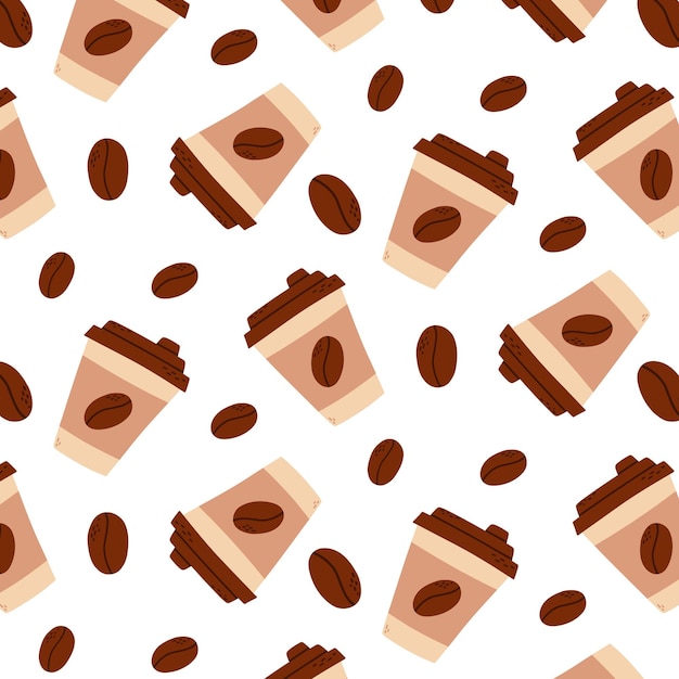 Seamless pattern with a cup of coffee Vector illustration Printed paper cup with coffee and coffee beans