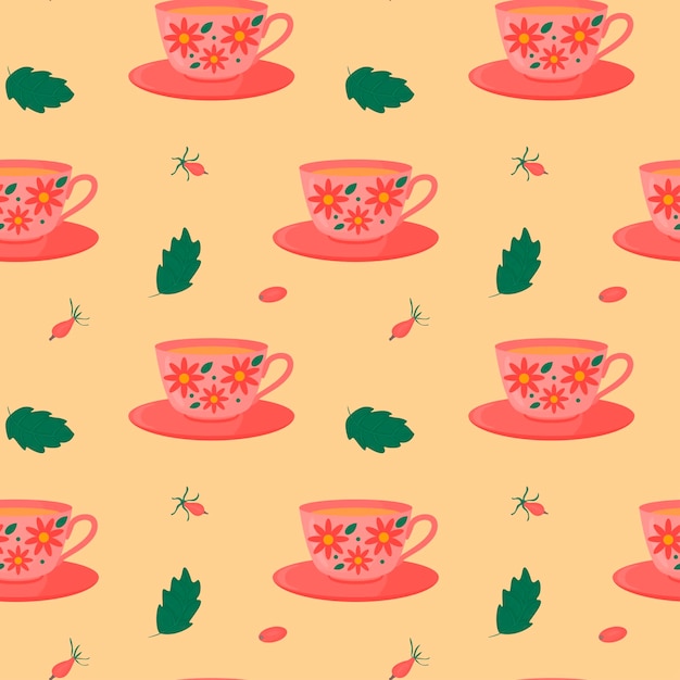 Seamless pattern with cup and saucer and fruit tea, hawthorn and mint leaves. Vector image.