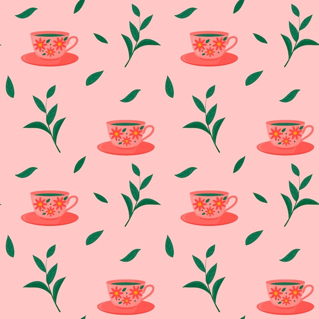 Seamless pattern with cup, saucer and tea leaves. vector pattern in a flat view.