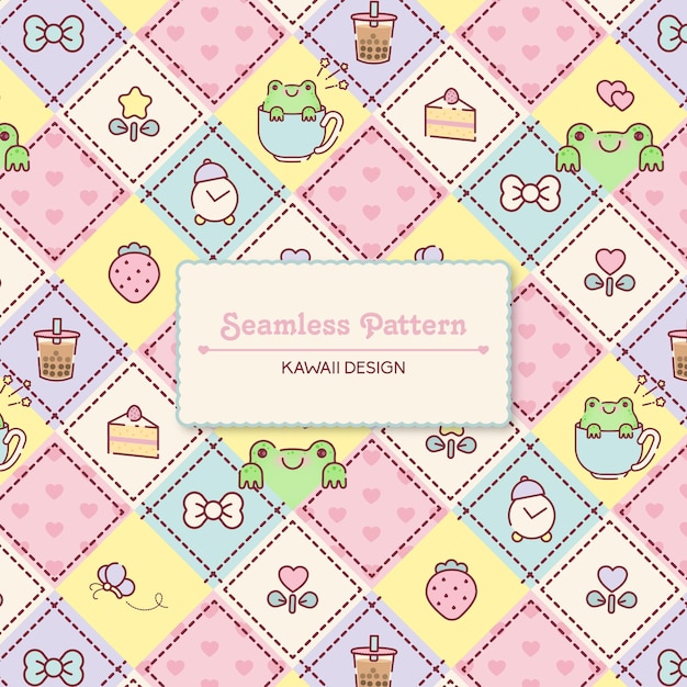 Vector seamless pattern with a cupcake and a card that says kawaii