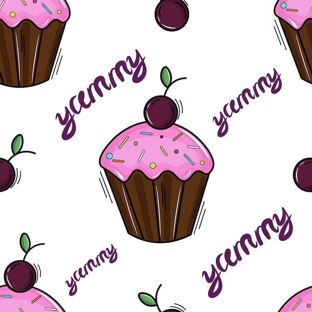 Seamless pattern with cupcakes and cherries