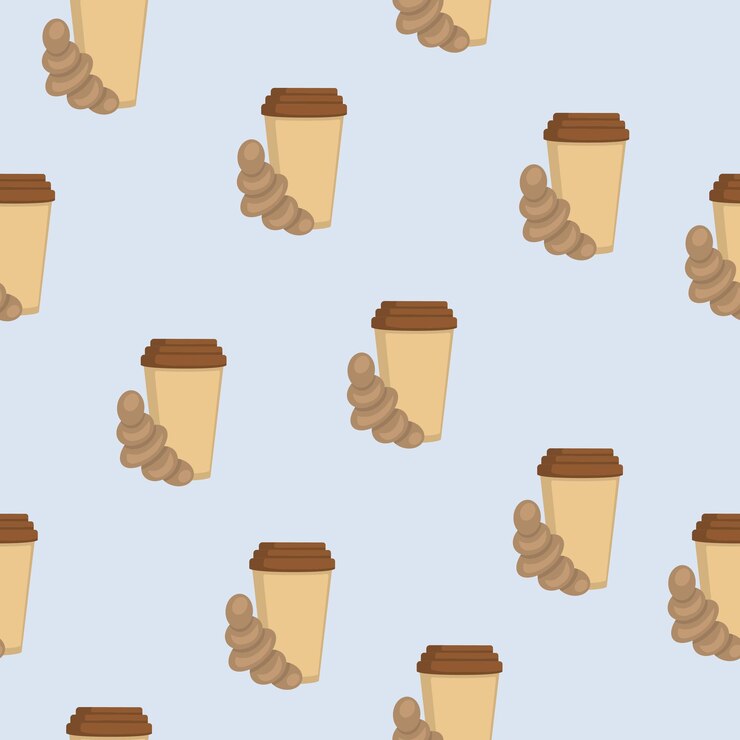 Vector seamless pattern with cups of coffee and croissants on a blue background illustration of a beverage and baking for notebooks and banners