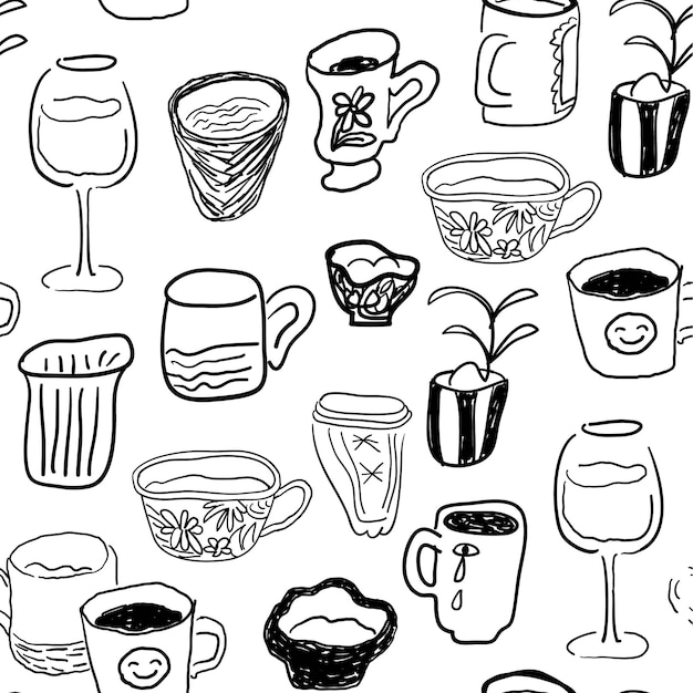 seamless pattern with cups in hand drawn style