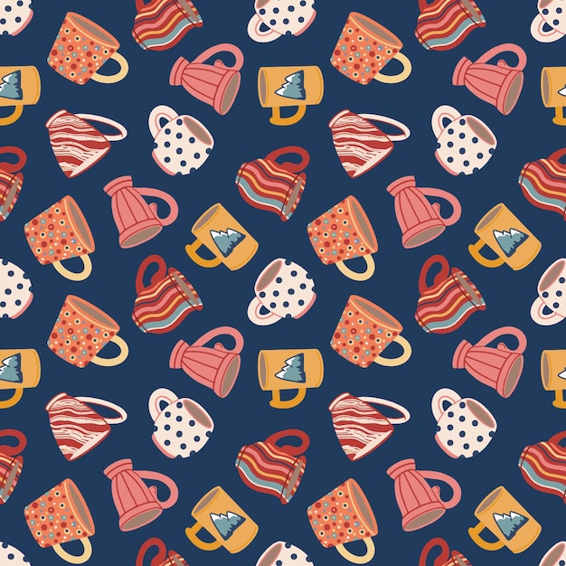 Seamless pattern with cups and mugs cute ceramic tableware