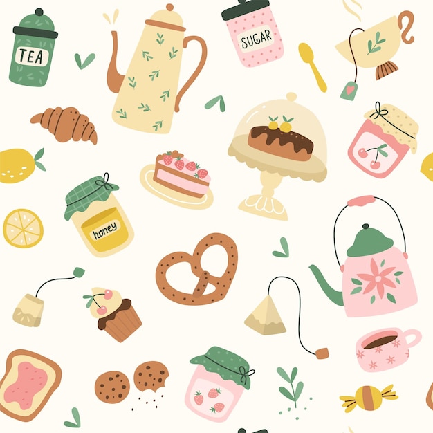 Seamless pattern with cups and sweeties teapots Vector illustration