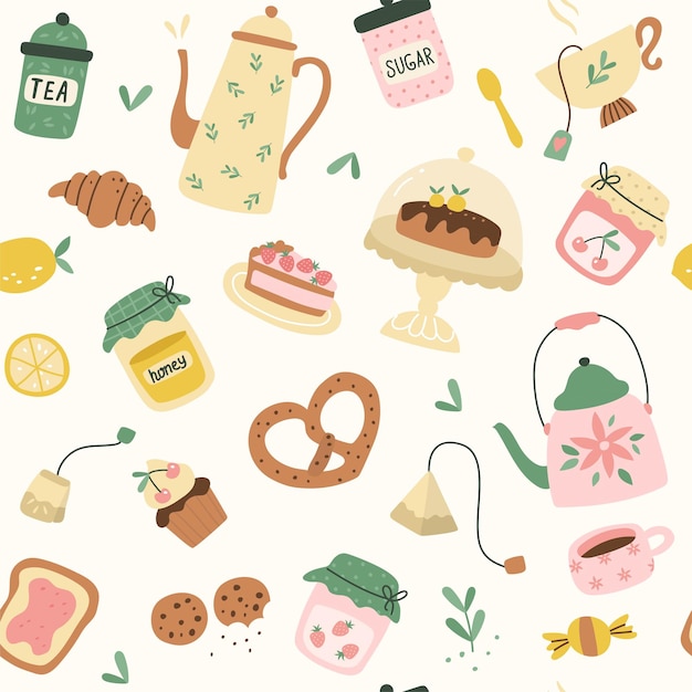 Seamless pattern with cups and sweeties teapots vector illustration