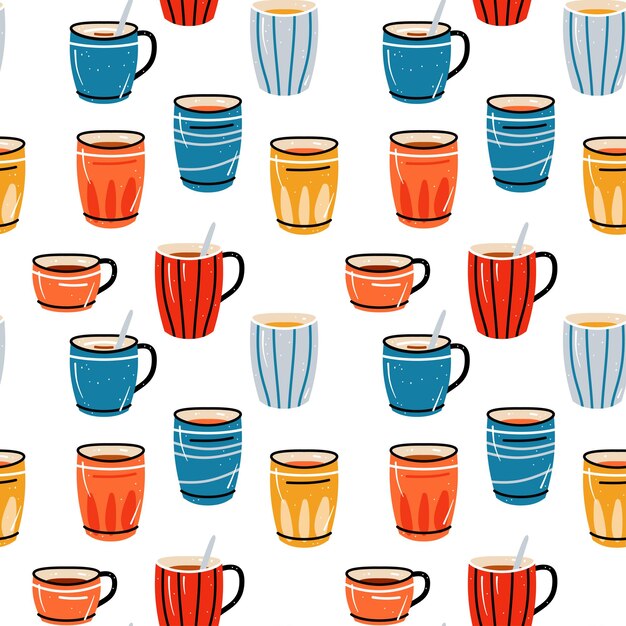 Vector seamless pattern with cups for tea and coffee juices in a flat style