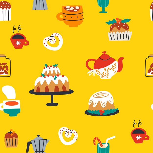 Seamless pattern with cups of tea and sweets hand drawn vector illustration